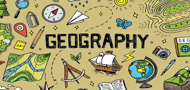 An illustrated collage featuring various geography-related items like maps, compasses, globes, and environmental symbols, with the word 'GEOGRAPHY' prominently displayed in bold letters.