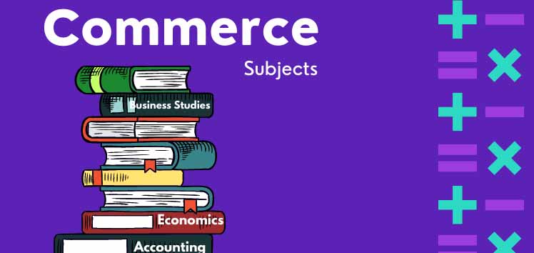 A stack of colorful books labeled 'Business Studies', 'Economics', and 'Accounting' on a purple background with commerce-related symbols.