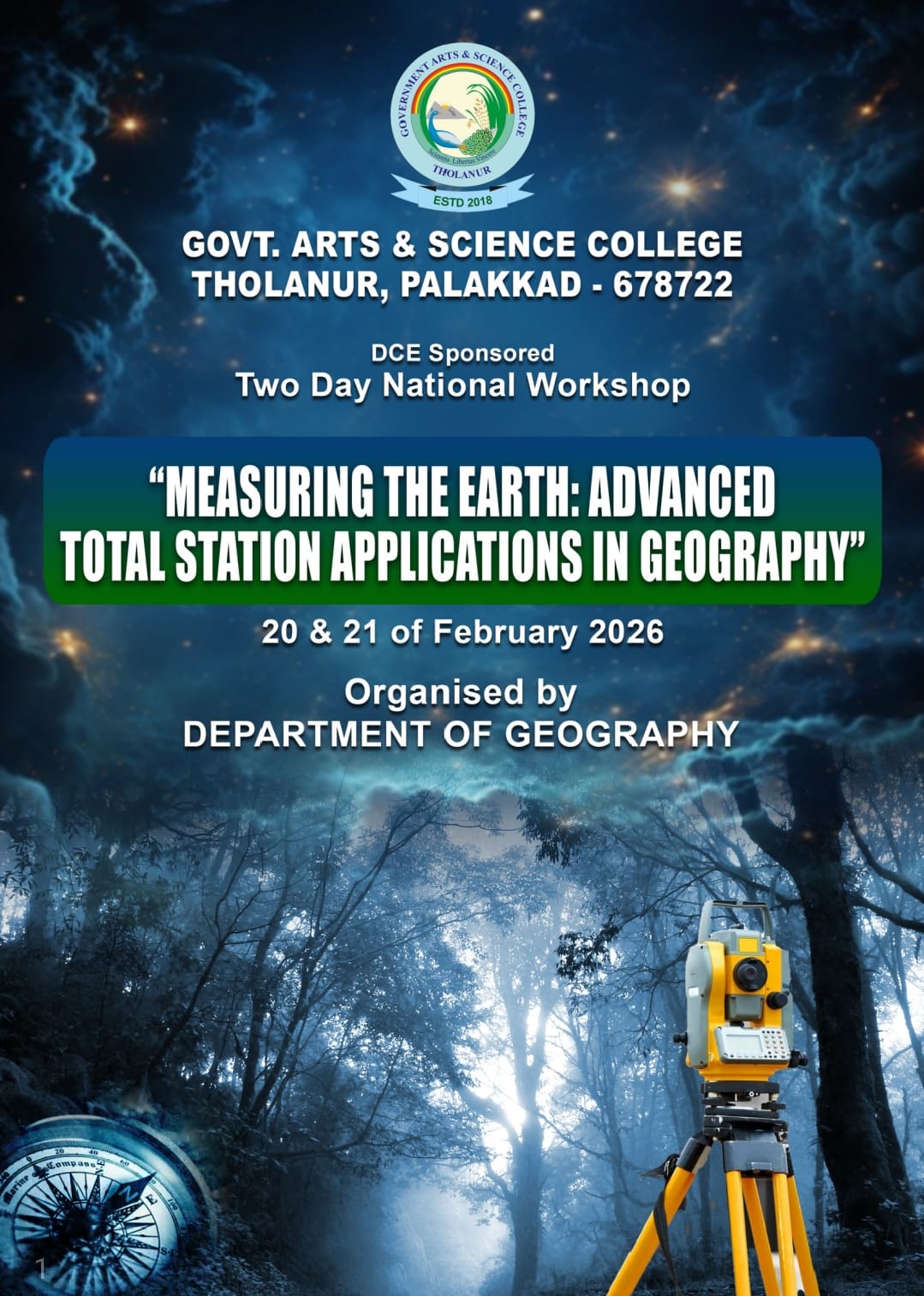 Promotional poster for a national workshop titled 'Measuring the Earth: Advanced Total Station Applications in Geography', taking place at Govt. Arts & Science College, Tholanur, Palakkad, on February 20-21, 2026, organized by the Department of Geography.