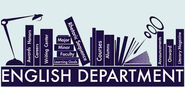 Graphic representation of the English Department featuring books and items related to English studies, labeled with terms like 'Major,' 'Minor,' 'Courses,' and 'Faculty.'