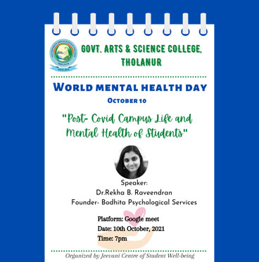 Event announcement poster for World Mental Health Day featuring the webinar topic 'Post-Covid Campus Life and Mental Health of Students' with details including speaker Dr. Rekha B. Raveendran, date, time, and platform.