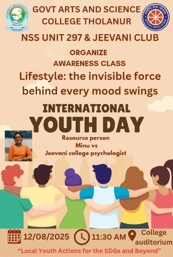 Poster for an awareness class on International Youth Day, featuring resource person Minu from Jeevani College, with details about lifestyle impacts on mood swings.